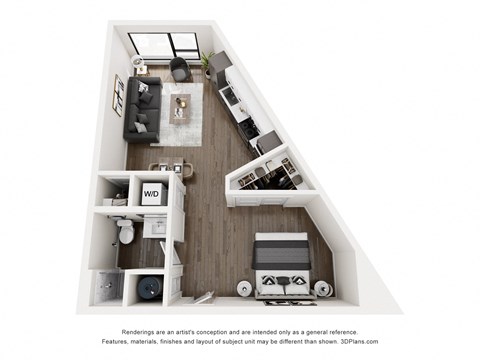 A 3D floor plan of a small apartment with a kitchen, living room, and bedroom.
